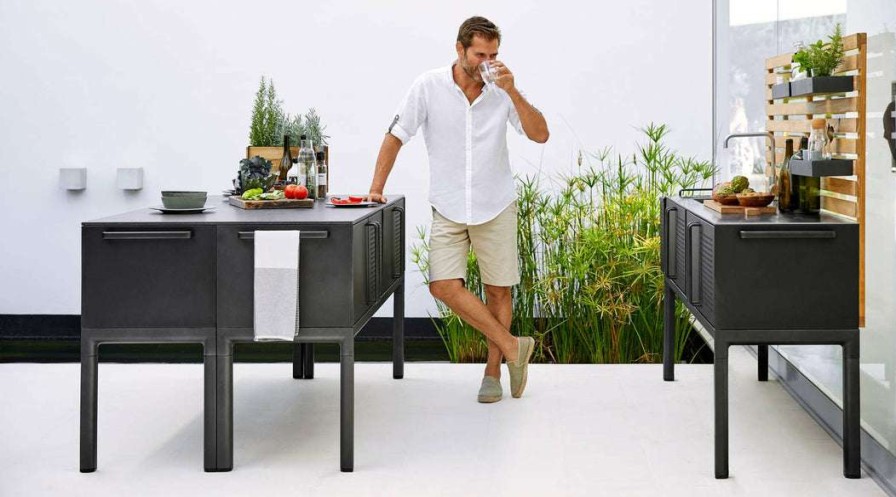 Modern Outdoor * | Cane-Line Dining Drop Kitchen Module With Stainless Steel Top & Sink/Teak Wall